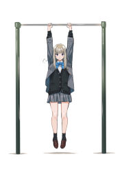 Rule 34 | 1girl, annoyed, blazer, blue bow, blue bowtie, blue eyes, bow, bowtie, cardigan, doushimasho, full body, hanging, highres, jacket, loafers, long hair, looking at viewer, original, pleated skirt, puff of air, pullups, school uniform, shoes, skirt, solo, v-shaped eyebrows