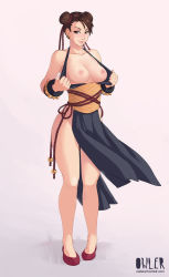 Rule 34 | 1girl, alternate costume, bare legs, bare shoulders, black dress, bracelet, breasts, brown eyes, brown hair, capcom, chun-li, clothes pull, double bun, dress, dress pull, earrings, eyeshadow, flashing, hair bun, jewelry, legs, makeup, medium breasts, naughty face, nipples, no bra, owler, pelvic curtain, pigeon-toed, pulled by self, sash, side slit, simple background, smirk, solo, spiked bracelet, spikes, street fighter, street fighter iv (series), thick thighs, thighs