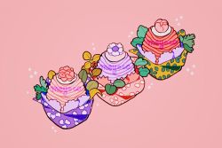 Rule 34 | artist name, cupcake, flower, food, food focus, heart, leaf, meyoco, mont blanc (food), no humans, original, petals, pink background, pink flower, simple background, sparkle, white flower