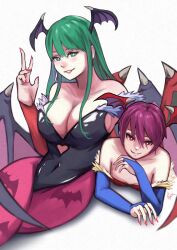 Rule 34 | 2girls, absurdres, animal print, bare shoulders, bat print, black leotard, breasts, bridal gauntlets, cleavage, clothing cutout, green eyes, green hair, heart cutout, highres, large breasts, leotard, lilith aensland, looking at viewer, momo juice, morrigan aensland, multiple girls, purple hair, red eyes, red leotard, red nails, small breasts, strapless, strapless leotard, vampire (game), white background