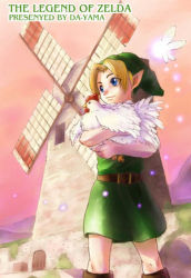 Rule 34 | 1boy, bird, blonde hair, blue eyes, chicken, cucco, fairy, hat, link, lowres, male focus, nintendo, pointy ears, short hair, solo, the legend of zelda, the legend of zelda: ocarina of time, typo, windmill, young link