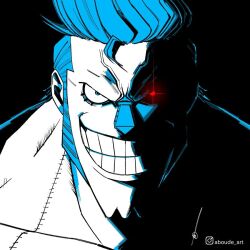Rule 34 | 1boy, aboude art, artist name, blue hair, clenched teeth, commentary, cyborg, franky (one piece), glowing, glowing eye, instagram logo, instagram username, limited palette, long sideburns, looking at viewer, male focus, one piece, red eyes, short hair, sideburns, signature, smile, solo, spiked hair, teeth, v-shaped eyebrows