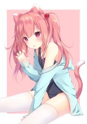 Rule 34 | amashiro natsuki, animal ears, bad id, bad pixiv id, bare shoulders, beads, blue jacket, blue one-piece swimsuit, blush, cat ears, cat tail, commentary request, hair beads, hair ornament, highres, hood, hood down, hooded jacket, jacket, long hair, long sleeves, looking at viewer, off shoulder, one-piece swimsuit, original, outside border, pink hair, purple eyes, school swimsuit, simple background, sitting, skindentation, slit pupils, solo, swimsuit, swimsuit under clothes, tail, thighhighs, twintails, white thighhighs