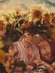 Rule 34 | 2boys, abs, bara, black hair, blonde hair, bouquet, couple, dougi, field, flower, flower field, head on another&#039;s shoulder, headband, highres, holding, holding bouquet, ken masters, leaning on person, male focus, multiple boys, muscular, muscular male, nipples, pectoral cleavage, pectorals, ryu (street fighter), short hair, sleeping, sleeping on person, sleeping upright, stomach, street fighter, sunflower, sunflower field, yaoi, yuiofire