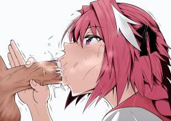 Rule 34 | 2boys, :&gt;=, androgynous, ankoman, astolfo (fate), blush, braid, colorized, cum, cum bubble, cum in mouth, cum on body, erection, fate/apocrypha, fate/grand order, fate (series), fellatio, from side, handjob, heavy breathing, highres, long hair, looking at another, male focus, multiple boys, open mouth, oral, penis, pink hair, school uniform, simple background, single braid, sweatdrop, testicles, textless version, trap, trembling, uncensored, veins, veiny penis, very long hair, white background, yaoi
