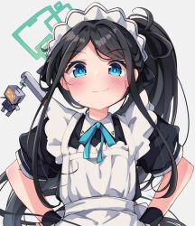Rule 34 | &lt;key&gt; (robot) (blue archive), 1girl, apron, aris (blue archive), aris (maid) (blue archive), black dress, black gloves, black hair, blue archive, blue bow, blue eyes, blush, bow, closed mouth, collared dress, commentary request, dress, fingerless gloves, gloves, grey background, halo, hands on own hips, maid, maid apron, maid headdress, official alternate costume, parted bangs, ponytail, puffy short sleeves, puffy sleeves, short sleeves, simple background, smile, solar milk, solo, upper body, white apron