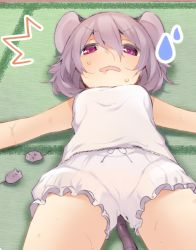 Rule 34 | 1girl, ^^^, akagashi hagane, animal ears, bloomers, chemise, drooling, from below, grey hair, looking at viewer, lying, mouse (animal), mouse ears, mouse tail, mouth drool, nazrin, on back, on floor, open mouth, outstretched arms, red eyes, short hair, sleeveless, solo, sweat, tail, touhou, underwear