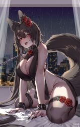 Rule 34 | 1girl, animal ear fluff, animal ears, arm support, bed sheet, black hair, black nails, black thighhighs, blunt bangs, blush, bound, bound wrists, breasts, chain, chain leash, cityscape, cleavage cutout, clothing cutout, collar, curtains, dated, dress, fingernails, flower, fox ears, fox girl, fox tail, from below, groin, hair between eyes, hair flower, hair ornament, heterochromia, highres, indoors, lace, lace-trimmed thighhighs, large breasts, leash, long fingernails, long hair, no panties, on bed, open mouth, orange eyes, original, rain, red eyes, red flower, red rose, rose, saliva, saliva trail, see-through, short dress, side slit, sidelocks, signature, sitting, sleeveless, sleeveless dress, slit pupils, sweat, tacco (tikeworld), tail, thighhighs, tongue, tongue out, very long hair, window