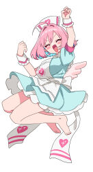 Rule 34 | 1girl, ^ ^, absurdres, ahoge, angel wings, apron, aqua dress, arm up, bare legs, barefoot, blue hair, blush stickers, bob cut, breasts, closed eyes, colored inner hair, commentary, dress, earrings, english commentary, feet, frilled apron, frills, hair intakes, happy, hat, heart, heart print, highres, idolmaster, idolmaster cinderella girls, idolmaster cinderella girls starlight stage, jewelry, jumping, large breasts, legs, light blue hair, low wings, multicolored hair, nurse cap, open mouth, pill earrings, pink hair, pink wings, short sleeves, simple background, smile, solo, sparkle print, sukoyaka (100hituzi), thighs, toes, two-tone hair, underbust, white apron, white background, white hat, white wrist cuffs, wings, wrist cuffs, yumemi riamu