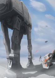 Rule 34 | aircraft, at-at, at-st, battle, cloud, day, flying, hoth, laser, mecha, no humans, non-humanoid robot, realistic, robot, science fiction, snow, snowspeeder, spacecraft, star wars, star wars: the empire strikes back, starfighter, uru (uru0000), walker (robot)