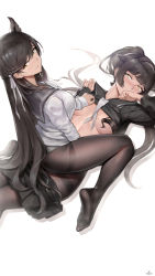 Rule 34 | 2girls, animal ears, atago (azur lane), atago (school traumerei) (azur lane), azur lane, black hair, black legwear, black serafuku, black skirt, blush, breasts, cardigan, closed mouth, clothes lift, clothes pull, commentary request, convenient censoring, covering own mouth, duan henglong, extra ears, feet, from above, girl on top, hair flaps, hand over own mouth, highres, large breasts, long hair, long sleeves, looking at another, looking at viewer, looking up, lying, mole, mole under eye, multiple girls, neckerchief, no bra, no pants, no shoes, on back, open clothes, open skirt, panties, panties under pantyhose, pantyhose, pleated skirt, ponytail, revision, ribbon, sailor collar, school uniform, serafuku, shirt lift, sitting, sitting on person, skirt, skirt pull, smile, soles, swept bangs, takao (azur lane), takao (school romanza) (azur lane), thighband pantyhose, toes, underwear, undressing, uniform, very long hair, white panties, white ribbon, yellow eyes, yuri