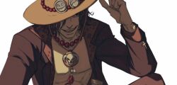 Rule 34 | 1boy, artist name, bead necklace, beads, black hair, brown jacket, cowboy hat, cross, freckles, hand on headwear, hat, jacket, jewelry, long sleeves, looking at viewer, male focus, necklace, non-web source, one eye covered, one piece, open clothes, open jacket, pectorals, portgas d. ace, short hair, sid (skxviii), smile, solo, upper body