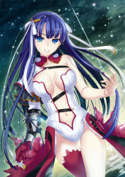 Rule 34 | 1girl, :d, bare shoulders, belt, blue eyes, blue hair, blurry, breasts, capelet, center opening, cloud, collarbone, cowboy shot, depth of field, detached collar, dutch angle, fate/grand order, fate (series), gloves, gluteal fold, groin, hair ribbon, highres, light particles, long hair, looking at viewer, martha (fate), matching hair/eyes, navel, open mouth, red gloves, red thighhighs, ribbon, single glove, single sleeve, single thighhigh, sky, smile, solo, stomach, thigh gap, thighhighs, vambraces, water, white ribbon, yoshida takuma