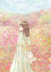 Rule 34 | 1girl, blunt bangs, blush, blush stickers, brown hair, day, dress, field, flower, flower field, hand on own ass, highres, long dress, looking back, medium hair, momochy, orange flower, original, outdoors, parted lips, pastel colors, pink flower, puffy short sleeves, puffy sleeves, rabbit, red flower, short sleeves, skirt, sky, too many flowers, white dress