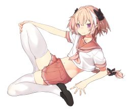 Rule 34 | 1boy, astolfo (fate), astolfo (sailor paladin) (fate), blush, braid, fate/grand order, fate (series), full body, hair ribbon, hand on own knee, highres, kei (soundcross), long hair, male focus, midriff, official alternate costume, pink hair, purple eyes, ribbon, school uniform, serafuku, simple background, single braid, smile, solo, thighhighs, trap, white background, white thighhighs