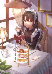 Rule 34 | 1girl, absurdres, apron, back bow, black dress, book, bow, breasts, brown hair, center frills, chair, closed mouth, condiment, cup, curtains, desk lamp, dress, fork, frills, green eyes, highres, holding, holding book, indoors, knife, lamp, leaf, light bulb, light smile, long hair, long sleeves, looking at viewer, maid, maid apron, maid headdress, medium breasts, open book, original, painting (object), plant, poe (528yuzunon), see-through, sitting, solo, spoon, table, tea, teacup, teapot, tray, upper body, white apron, white bow, white headwear, window