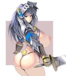 Rule 34 | 1girl, armor, ass, blue eyes, blue hair, breasts, breasts out, gauntlets, helmet, highres, holding, holding weapon, huge breasts, kouno (masao), lips, long hair, looking at viewer, looking back, nipples, original, shoulder armor, sideboob, simple background, solo, sword, thong, weapon