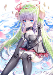 Rule 34 | 1girl, absurdres, ameth (princess connect!), bare shoulders, black collar, black dress, black gloves, black thighhighs, blue eyes, blunt bangs, blush, breasts, broken halo, collar, commentary request, detached collar, dress, drill hair, drill sidelocks, elbow gloves, flower, from above, gloves, green hair, hair flower, hair ornament, halo, hand on own leg, highres, holding, holding hair, long hair, looking at viewer, medium breasts, multicolored hair, petals, pointy ears, princess connect!, purple hair, red halo, red skirt, sidelocks, sitting, skirt, solo, split mouth, takemura kou, thighhighs, twin drills, two-tone hair, very long hair