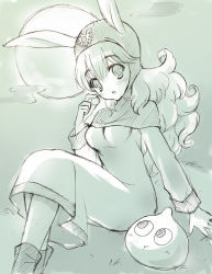 Rule 34 | 1girl, breasts, cloud, commentary request, dragon quest, dragon quest ii, dress, full moon, graphite (medium), grass, greyscale, hood, hood up, kichijou agata, long hair, looking at viewer, monochrome, moon, outdoors, princess, princess of moonbrook, robe, slime (dragon quest), traditional media