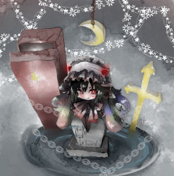 Rule 34 | 10s, 1girl, abyssal ship, black hair, black pantyhose, blush, bonnet, bow, chain, coffee, colored skin, crescent moon, cross, frills, from above, gothic lolita, grave, horns, isolated island oni, kantai collection, lolita fashion, long hair, moon, pantyhose, red eyes, smile, solo, takanashi hiyori, tombstone, very long hair, white skin