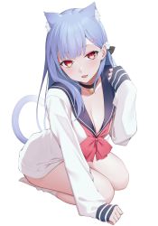 Rule 34 | 1girl, animal ear fluff, animal ears, bell, blue hair, breasts, cat ears, cat girl, cat tail, choker, cleavage, full body, hair ornament, hairclip, highres, jingle bell, kneeling, kuen (kuennn12), leaning forward, long hair, long sleeves, looking at viewer, medium breasts, neck bell, open mouth, original, red eyes, sailor collar, sailor shirt, seiza, shirt, sidelocks, simple background, sitting, sleeves past wrists, socks, solo, tail, white background