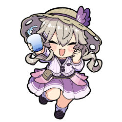 Rule 34 | 1girl, akichi 360, arm up, belt, belt pouch, black footwear, blush, brown hair, brown hat, cardigan, chibi, clenched hand, closed eyes, cup, dress, facing viewer, fang, floating hair, hand up, hat, hat ribbon, highres, holding, holding cup, indie virtual youtuber, kasukabe tsukushi, loafers, long hair, long sleeves, low twintails, open mouth, pouch, purple cardigan, purple dress, purple ribbon, ribbed cardigan, ribbon, shoes, simple background, skin fang, smile, solo, standing, standing on one leg, straw hat, sun hat, twintails, virtual youtuber, water, white background