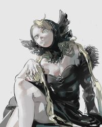 Rule 34 | bare shoulders, black dress, black hood, blonde hair, breasts, detached hood, detached sleeves, dress, dungeon meshi, ear covers, elf, green eyes, highres, kanji (nievart), long hair, looking at viewer, marcille donato, marcille donato (lord), medium breasts, official alternate costume, pointy ears, white background