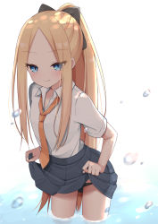 Rule 34 | 1girl, abigail williams (fate), backlighting, black bow, black panties, blonde hair, blue eyes, blush, bow, breasts, clothes lift, collarbone, collared shirt, contemporary, eyes visible through hair, fate/grand order, fate (series), forehead, grey skirt, hair bow, kamu (geeenius), lifting own clothes, long hair, looking at viewer, necktie, orange necktie, panties, parted bangs, pleated skirt, ponytail, shirt, short sleeves, sidelocks, simple background, skirt, skirt lift, small breasts, smile, solo, thighs, underwear, very long hair, wading, water, water drop, white background, white shirt