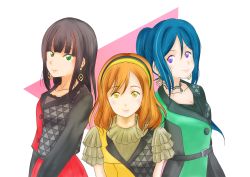 Rule 34 | 3girls, alternate hairstyle, artist name, artist request, azalea (love live!), belt, black belt, black bow, black choker, black dress, black hair, black hairband, black pants, black shorts, blue hair, blunt bangs, blush, bow, breasts, brown eyes, brown hair, buttons, choker, cleavage, collarbone, dress, earrings, female focus, frilled dress, frilled sleeves, frills, gloves, green dress, green eyes, green gloves, grey bow, hair between eyes, hairband, high ponytail, highres, himitsu no story (love live!), in the dark (love live!), jewelry, kunikida hanamaru, kurosawa dia, light brown hair, long hair, long sleeves, looking at viewer, love live!, love live! school idol festival, love live! sunshine!!, matsuura kanan, mole, mole under mouth, multicolored hair, multiple girls, pants, parted lips, plaid, plaid dress, pleated, pleated dress, ponytail, purple eyes, red dress, short dress, short sleeves, shorts, shorts under dress, small breasts, smile, the secret story (love live!), triangle print, two-tone dress, upper body, white background, yellow dress, yellow eyes, yellow gloves, yellow hairband