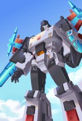 Rule 34 | blue eyes, clenched hand, cloud, decepticon, highres, insignia, lantana0 0, looking at viewer, mecha, mechanical wings, megatron, megatron (sg), no humans, open hand, robot, science fiction, sky, smile, solo, transformers, transformers shattered glass, wings