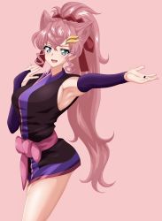 Rule 34 | 1girl, absurdres, armpits, blue eyes, blush, breasts, eyebrows hidden by hair, highres, kyomeihibiki, large breasts, long hair, looking at viewer, maria cadenzavna eve, open mouth, pink background, pink hair, ponytail, senki zesshou symphogear, sideboob, simple background, smile, solo