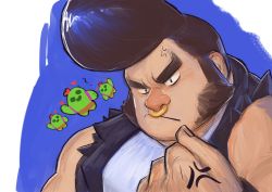 Rule 34 | 1boy, anger vein, bara, big nose, black hair, brawl stars, bull (brawl stars), character request, frown, highres, large pectorals, long sideburns, looking at viewer, male focus, muscular, muscular male, nose piercing, nose ring, pectorals, piercing, pompadour, shirt, short hair, sideburns, slapp (slapp backup), solo, thick eyebrows, torn clothes, torn shirt, upper body