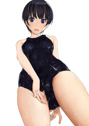 Rule 34 | 1girl, :o, bad id, bad pixiv id, black hair, black one-piece swimsuit, blue eyes, breasts, clothes pull, collarbone, fingernails, from below, looking at viewer, one-piece swimsuit, one-piece swimsuit pull, open mouth, original, school swimsuit, senjitsu musou, short hair, simple background, small breasts, solo, swimsuit, teeth, thighs, v-shaped eyebrows, wet, wet clothes, wet swimsuit, white background