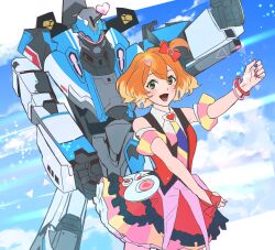 Rule 34 | 1girl, arm strap, assault visor, blue nails, blush, bow, bracelet, clenched hands, cloud, collared shirt, colored tips, dancing, freyja wion, green eyes, hair bow, hair ornament, heart, heart hair ornament, highres, horns, jewelry, macross, macross delta, mecha, multicolored hair, multicolored nails, open mouth, orange hair, pink skirt, red bow, red nails, red skirt, red vest, robot, shirt, short hair, single horn, skirt, sky, smile, the monkey, uta macross sumaho deculture, variable fighter, vest, vf-31, vf-31j, white shirt, yama0109, yellow nails