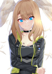 Rule 34 | 1girl, blue eyes, brown hair, chest tattoo, choker, eunie (xenoblade), feathers, head wings, highres, holding own arm, hood, hooded jacket, jacket, kyaro (wanu 14), smile, tattoo, white background, wings, xenoblade chronicles (series), xenoblade chronicles 3