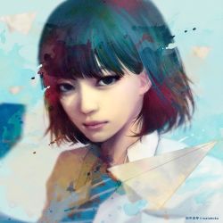 Rule 34 | 1girl, artist name, asian, blunt bangs, blurry, blurry background, bob cut, brown eyes, closed mouth, collared shirt, expressionless, highres, lips, looking at viewer, original, paper airplane, pink lips, portrait, realistic, scan, shirt, short hair, solo, upper body, wataboku, white shirt, wing collar