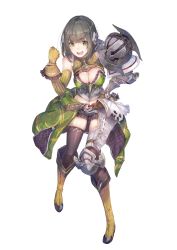 Rule 34 | 1girl, absurdres, armor, asymmetrical gloves, atelier (series), atelier firis, belt, black thighhighs, boots, breasts, brown hair, cleavage, clenched hand, detached sleeves, drossel weissberrg, female focus, full body, gloves, greaves, green eyes, highres, large breasts, mismatched gloves, official art, open mouth, short hair, shorts, solo, thighhighs, white background, yuugen