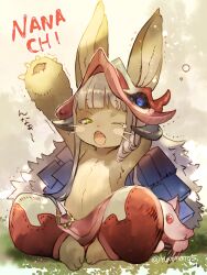 Rule 34 | 2others, animal ears, arm behind head, arms up, blunt bangs, brown fur, catchphrase, character name, chestnut mouth, commentary request, ears through headwear, fang, full body, furry, green eyes, grey hair, highres, horizontal pupils, long hair, looking at viewer, lossy-lossless, made in abyss, mitty (made in abyss), multiple others, nanachi (made in abyss), on ground, one eye closed, open mouth, outstretched arm, pants, puffy pants, red pants, single tear, sitting, squeans, solo focus, stretching, translation request, twitter username, whiskers, yawning, yunomoto