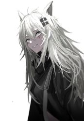 Rule 34 | 1girl, :d, ahoge, animal ears, arknights, black coat, bright pupils, coat, gradient background, grey background, grey eyes, grin, hair ornament, hairclip, highres, lappland (arknights), long hair, looking at viewer, okayannosuke, open mouth, parted lips, scar, scar across eye, scar on face, silver hair, smile, solo, upper body, very long hair, wolf ears