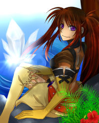 Rule 34 | 1girl, belt, breasts, crystal, elbow gloves, flower, gloves, long hair, midriff, nanaly fletch, purple eyes, red hair, short shorts, shorts, sitting, smile, tales of (series), tales of destiny 2, thighhighs, twintails, water