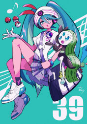 Rule 34 | 1girl, :o, absurdres, bag, beanie, bright pupils, collared shirt, commentary request, creatures (company), crossover, game freak, gen 5 pokemon, green background, green eyes, green hair, hat, hatsune miku, highres, holding strap, ida (idalol490), legendary pokemon, long hair, looking down, master ball, meloetta, musical note, mythical pokemon, nintendo, pleated skirt, poke ball, poke ball (basic), pokemon, pokemon (creature), project voltage, psychic miku (project voltage), shirt, shoes, short sleeves, shoulder bag, skirt, sneakers, socks, twintails, vocaloid, white footwear, white headwear, white pupils, white shirt