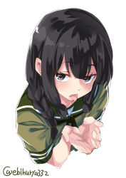 Rule 34 | 1girl, black eyes, black hair, black neckerchief, blouse, blush, braid, colored eyelashes, cropped torso, cupping hands, ebifurya, eyelashes, eyes visible through hair, green sailor collar, green serafuku, green shirt, hair between eyes, hair over shoulder, half-closed eyes, hands up, highres, kantai collection, kitakami (kancolle), long hair, looking at viewer, lower teeth only, naughty face, neckerchief, open mouth, own hands together, raised eyebrows, sailor collar, school uniform, serafuku, sexually suggestive, shirt, short sleeves, sidelocks, simple background, single braid, sleeve cuffs, solo, teeth, tongue, tongue out, twitter username, upper body, white background