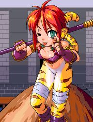 Rule 34 | 1girl, ahoge, akanbe, animal ears, armlet, bandaged leg, bandages, bare shoulders, boots, bottomless, breath of fire, breath of fire ii, capcom, cat ears, cat tail, collarbone, eyebrows, eyelid pull, facial mark, fingerless gloves, fingernails, fur, gloves, green eyes, groin, jewelry, lowres, nail polish, navel, rinpoo chuan, short hair, slit pupils, solo, staff, standing, tail, tongue, tongue out