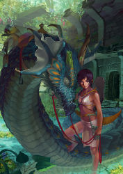 Rule 34 | 1girl, bandages, barefoot, bikini, bikini top only, blood, cup, dragon, feet, forest, frying pan, horns, injury, jewelry, jungle, midriff, nature, necklace, pixiv fantasia, pixiv fantasia 3, purple hair, red eyes, reise, riding bit (horse), riding reins, ruins, saddle, shield, short hair, snaffle bit, solo, swimsuit, water