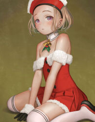 Rule 34 | 1girl, bare shoulders, bell, between legs, black gloves, blonde hair, blush, brown background, buttons, detached collar, dress, flat chest, fur-trimmed dress, fur-trimmed gloves, fur-trimmed headwear, fur trim, gloves, hand between legs, holly, looking at viewer, murata range, neck bell, off-shoulder dress, off shoulder, original, over-kneehighs, parted lips, pleated dress, purple eyes, red dress, red headwear, santa dress, short hair, simple background, sitting, solo, thighhighs, wariza, white thighhighs
