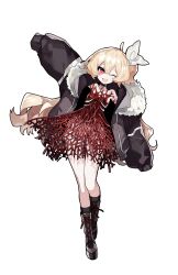 Rule 34 | 122pxsheol, 1girl, :d, absurdres, black footwear, black jacket, blonde hair, boots, bow, choker, cross, cross choker, dress, fur-trimmed jacket, fur trim, hair bow, highres, jacket, long hair, looking at viewer, one eye closed, open mouth, original, red dress, red eyes, simple background, smile, solo, white background, white bow