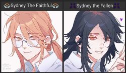 Rule 34 | 2boys, black hair, closed mouth, collared shirt, degrees of lewdity, dual persona, long hair, looking at viewer, multiple boys, parted lips, pink eyes, pink hair, round eyewear, shirt, sidelocks, silverlilii, smile, sydney (degrees of lewdity), very long hair, white shirt