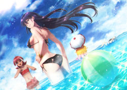 Rule 34 | 4girls, ahoge, arm at side, ass, ball, bangle, bare arms, bare legs, bare shoulders, beachball, bikini, black bikini, black hair, blonde hair, blue eyes, blue hair, blue sky, bow, bow bikini, bracelet, breasts, clenched hands, cloud, cloudy sky, collarbone, dark-skinned female, dark skin, day, dutch angle, eyelashes, floating hair, frilled bikini, frills, from behind, gradient hair, hair between eyes, halterneck, hand on own hip, highres, holding, holding umbrella, innertube, isshi pyuma, jewelry, lips, long hair, looking at viewer, looking back, lying, lying on water, medium breasts, midriff, mole, mole under eye, multicolored hair, multiple girls, navel, ocean, on back, one-piece swimsuit, orange hair, original, outdoors, parasol, parted lips, partially submerged, pink bow, pink lips, red bikini, red hair, shiny clothes, short hair, shoulder blades, side-tie bikini bottom, sideboob, sidelocks, sky, small breasts, smile, sparkle, standing, stomach, streaked hair, string bikini, striped, swim ring, swimsuit, teeth, tsurime, two-tone hair, umbrella, very long hair, wading, water, wavy hair, wet, white hair, wind, yellow eyes