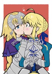 Rule 34 | 2girls, absurdres, ahoge, armor, armored dress, artoria pendragon (all), artoria pendragon (fate), blonde hair, blush, braid, chain, excalibur (fate/stay night), eye contact, fate/grand order, fate (series), faulds, gauntlets, green eyes, hand on another&#039;s shoulder, hands on hilt, headpiece, heart, highres, jeanne d&#039;arc (fate), kiss, long braid, long hair, looking at another, multiple girls, plackart, saber (fate), single braid, surprise kiss, surprised, sword, veler c9, very long hair, weapon, wide-eyed, yuri