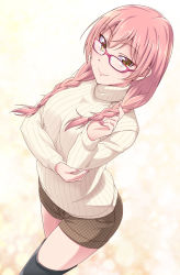 Rule 34 | 10s, 1girl, alternate costume, bespectacled, black footwear, boots, braid, breasts, commentary request, e20, glasses, hair over shoulder, highres, idolmaster, idolmaster cinderella girls, jougasaki mika, long hair, long sleeves, looking at viewer, medium breasts, nail polish, pink-framed eyewear, pink hair, pink nails, ribbed sweater, short shorts, shorts, simple background, smile, solo, sweater, thigh boots, thighhighs, turtleneck, twin braids, white background, yellow eyes